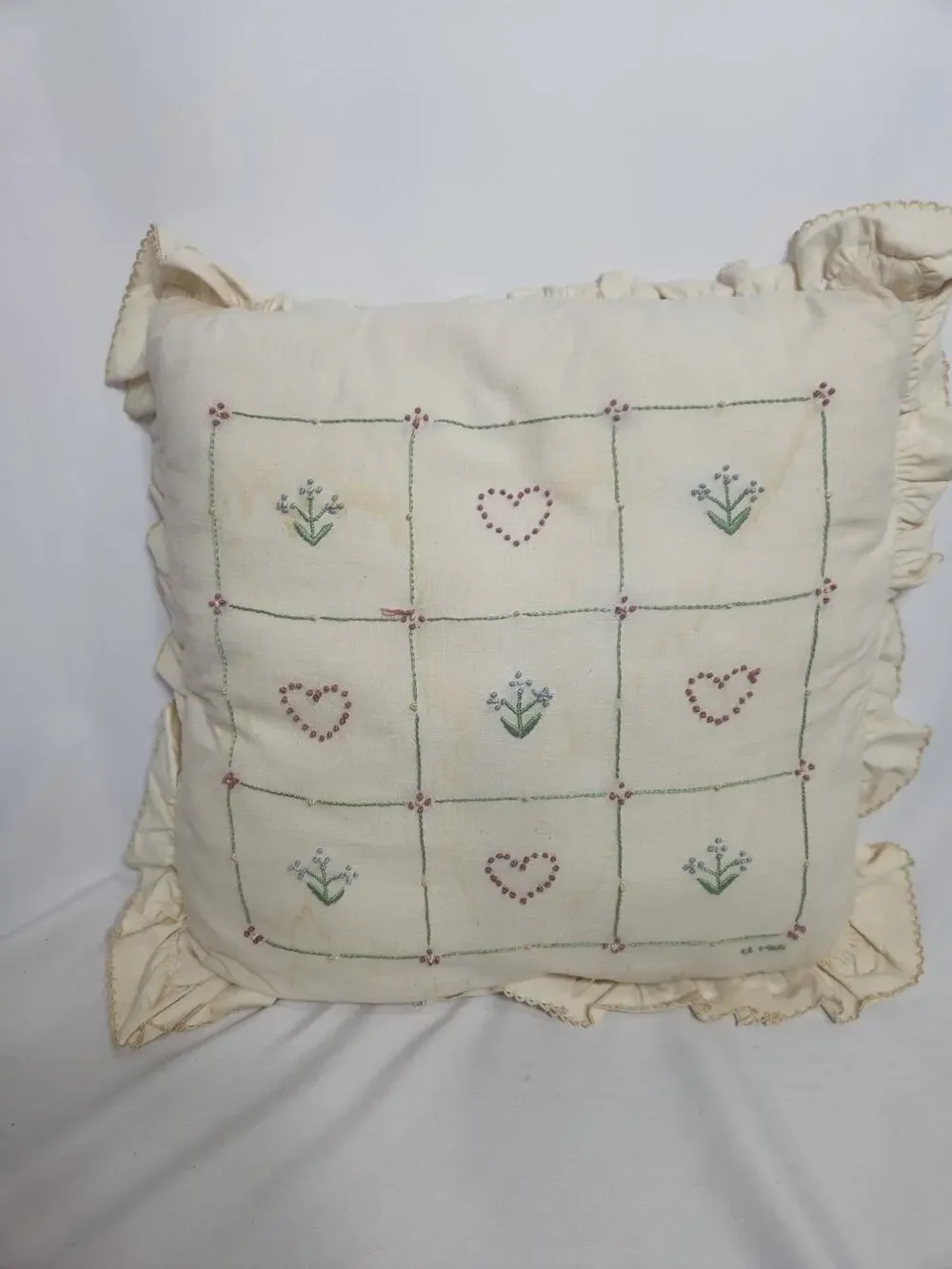 Vintage Handmade Embroidered Cottagecore Ruffle Throw Pillow Hearts & Blue...